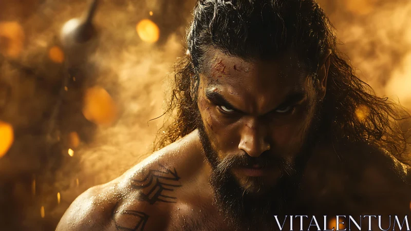 Warrior glare cuts through molten amber battle haze.