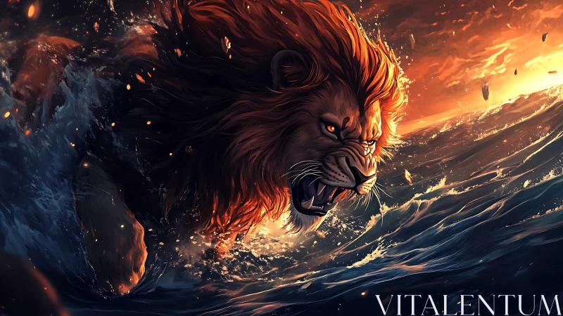 Roaring lion emerges through turbulent ocean under dramatic firelight