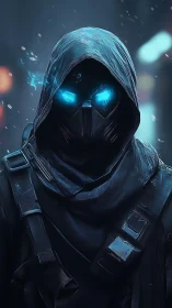 Hooded cybernetic assassin stands in cold neon alley