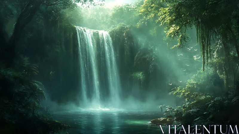 Ethereal Waterfall in Luminous Jungle Canopy.