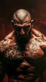Battle-scarred muscular fighter under dramatic rim lighting.