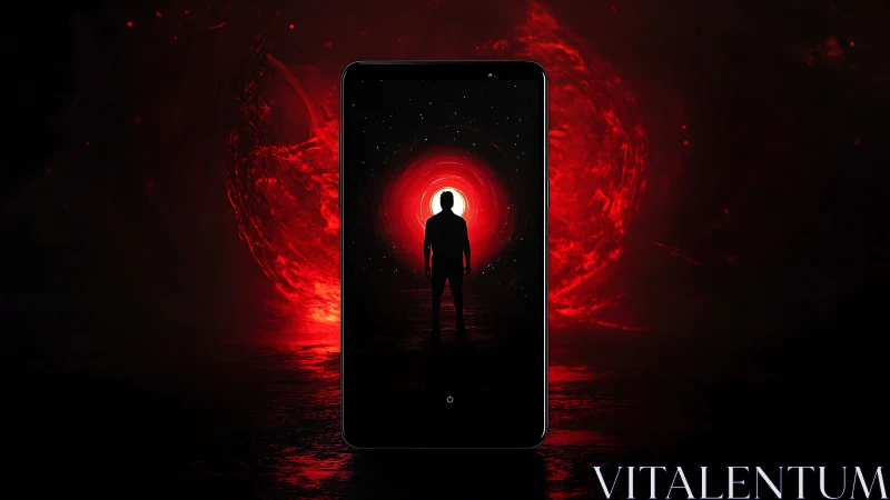 Silhouetted figure walks into a glowing red digital portal