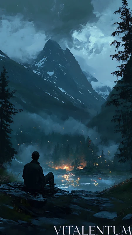 Solitary watcher under stormlit peaks and distant wildfire glow.