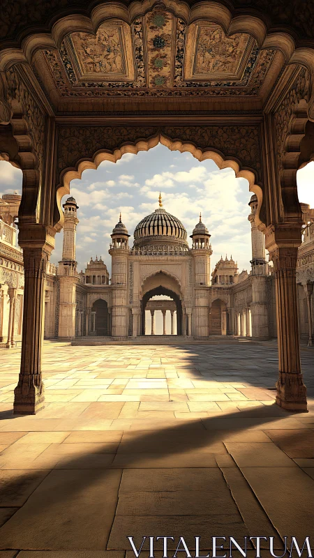 Sunlit Mughal courtyard framed by ornate stone archways.