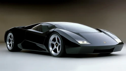 Photorealistic supercar render with angular gloss-black bodywork.
