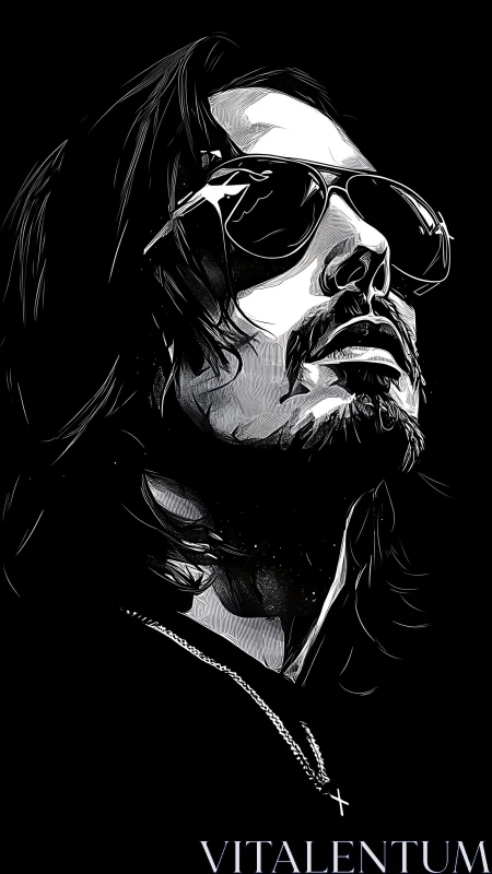 High-contrast ink portrait with cinematic upward perspective.