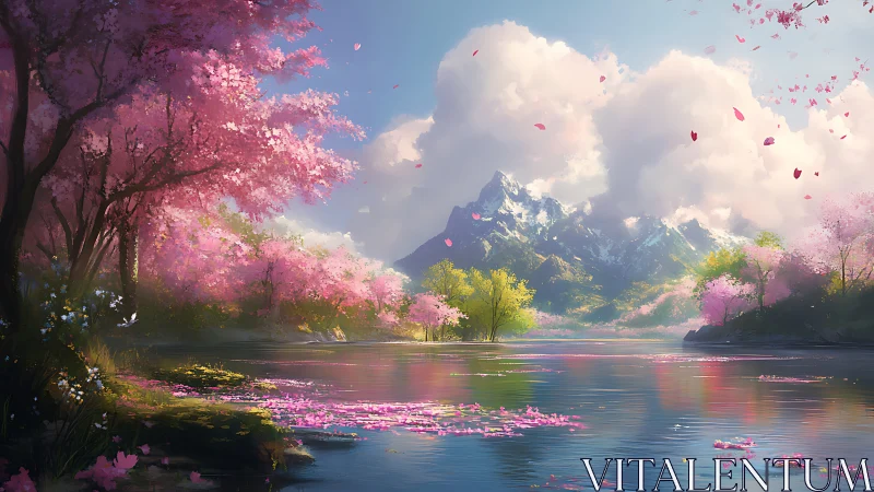 Luminous alpine lake with sakura bloom under volumetric clouds.