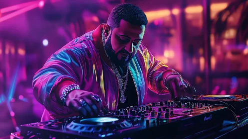 Neon lit DJ mixing tracks in a vibrant nightclub scene.