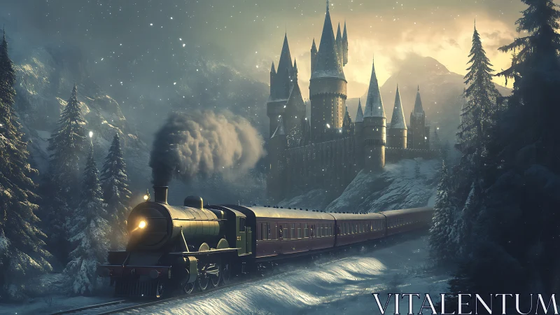 Steam train powers past snowbound fantasy mountain castle.