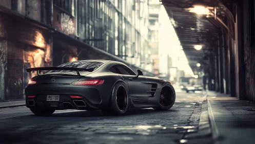 Modified matte sports coupe is parked in narrow urban street