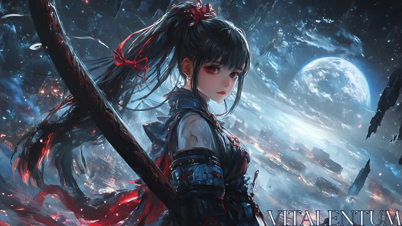 Sword-wielding anime girl stands over luminous ruined city