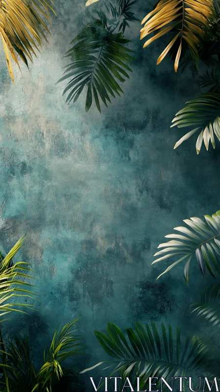 Botanical vignette with tropical foliage on textured teal ground.