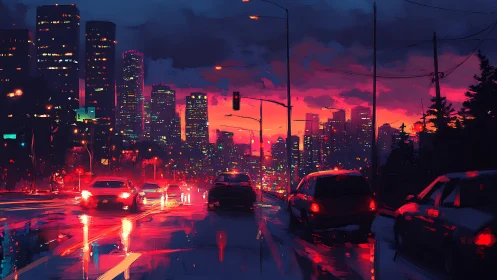 Neon dusk commute through rainlit cyber city streets.