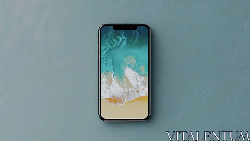 Smartphone front render shows bezel-less display and ocean wallpaper