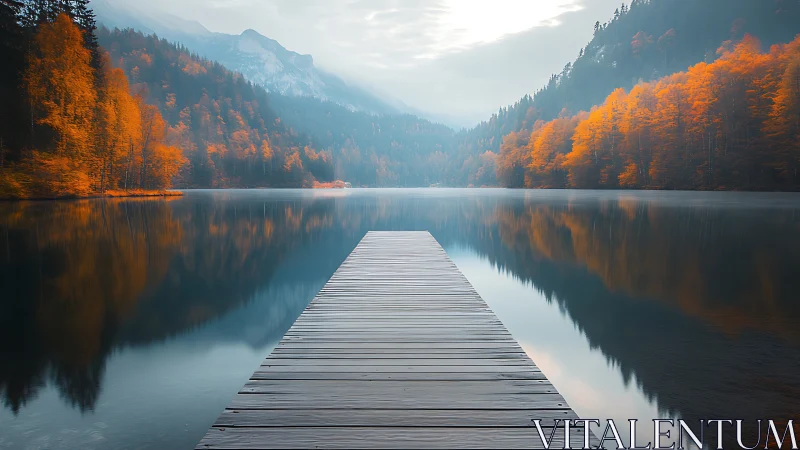 Wooden lakeside pier extending toward calm autumn forest.