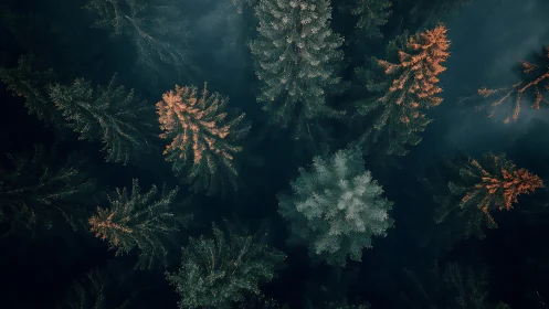 Overhead view shows mixed-color conifer trees in dense forest