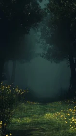 Misty Forest Path with Yellow Wildflowers