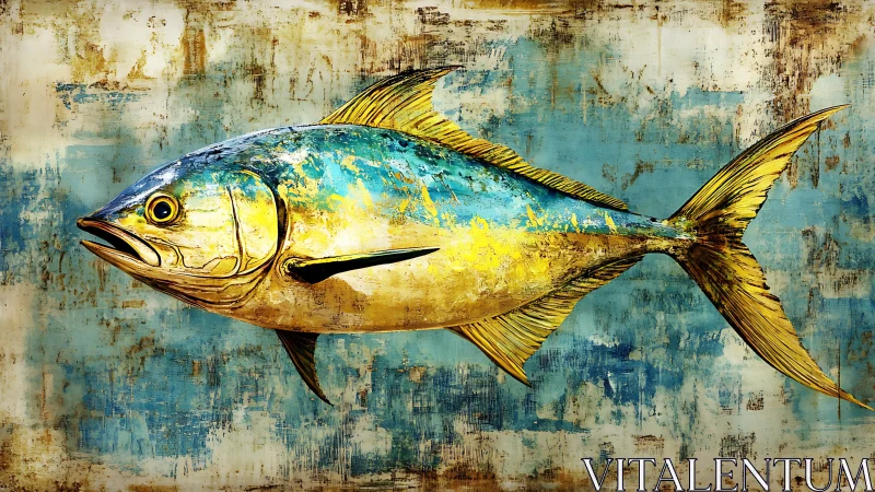 Golden blue tuna profile on textured abstract seascape wall.