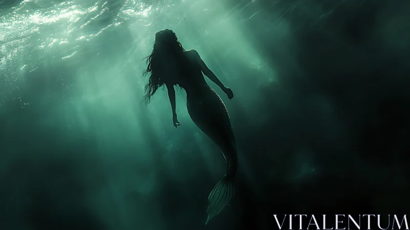 Gentle mermaid drifting through moonlit underwater shadows.