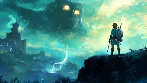 Lone hero gazes toward a glowing castle and looming spirit