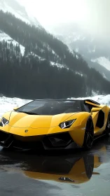 Yellow sports convertible stands on wet alpine road surface