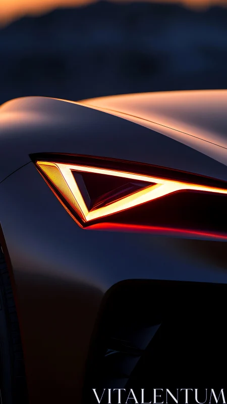 Angular concept car headlight in dramatic dusk close-up.