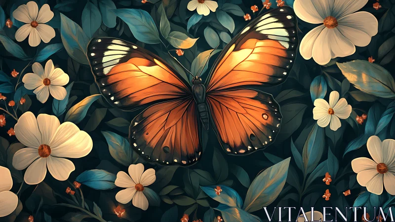 Glow of a gentle butterfly resting in a midnight garden.