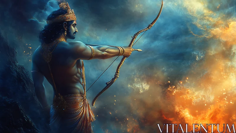 Divine archer poised between stormlit flame and silence.