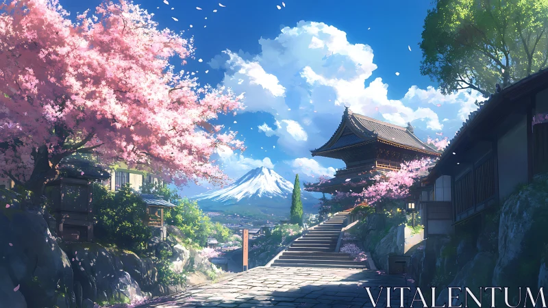 Cherry blossom temple path with distant snowcapped mountain.