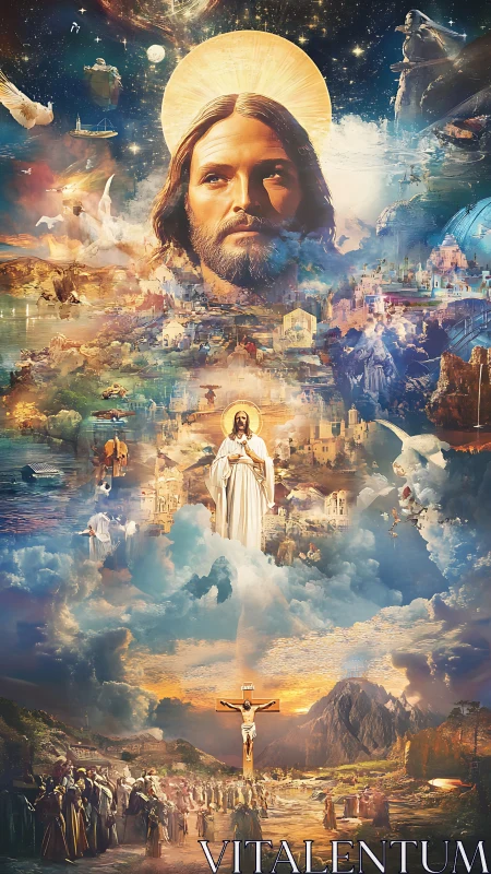 Jesus Christ in cosmic, earthly, and crucifixion scenes.