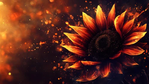 Glowing sunflower in a warm storm of golden sparks.