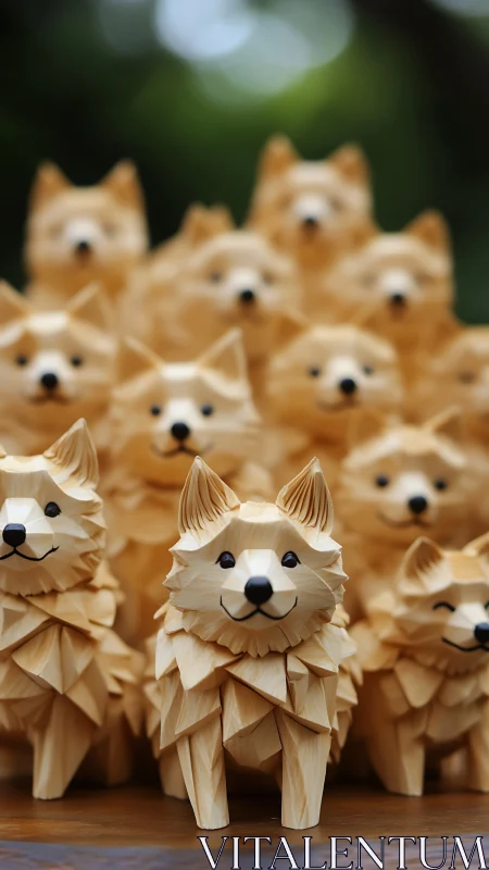 Cluster of carved wooden dog figurines on display outdoors.