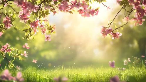 Sunlit cherry blossoms over dreamy spring meadow.