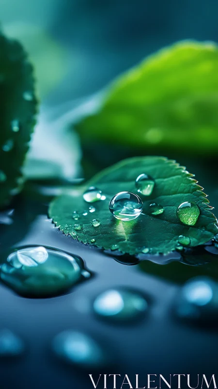 Water droplets rest sharply focused on green leaf surface