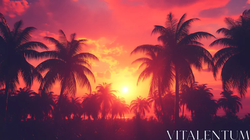 Vivid tropical sunset behind dense silhouetted palm trees.