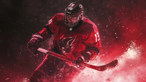 Ice hockey player in red uniform amid dynamic red spray.