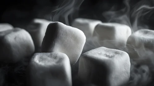 Frosted marshmallow cubes in dramatic close-up steam.