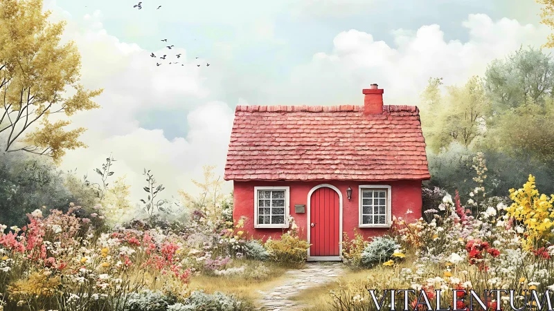 Red cottage stands centered in dense flowering landscape