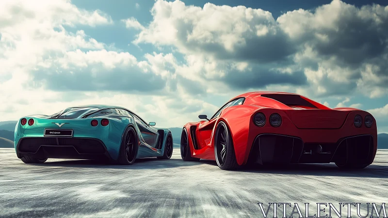 Twin hypercars dominate coastal runway under stormy sky.