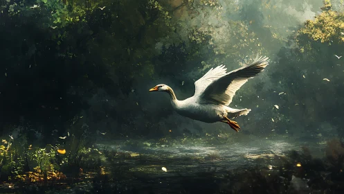 White goose flies low over reflective forest river surface