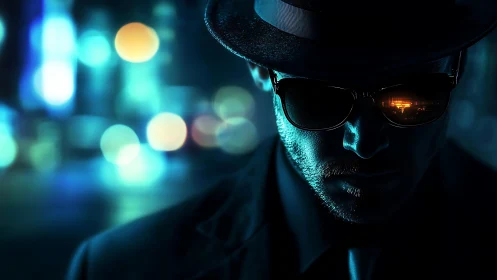 Mysterious man in sunglasses stalks neon city streets at night.