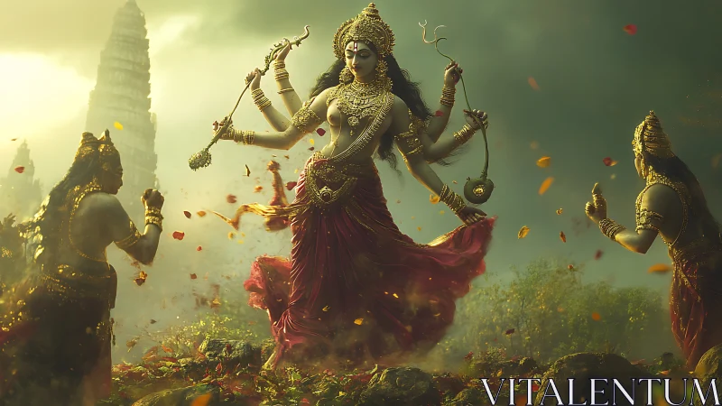 Warrior goddess dances over battlefield amid swirling leaves