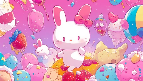 Cute cartoon bunny surrounded by colorful candy and desserts on pink background.