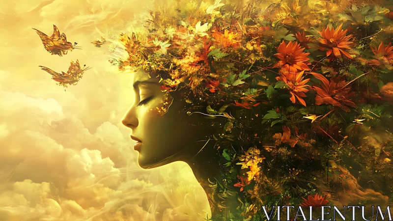 Profile of floral female figure merged with autumn foliage.