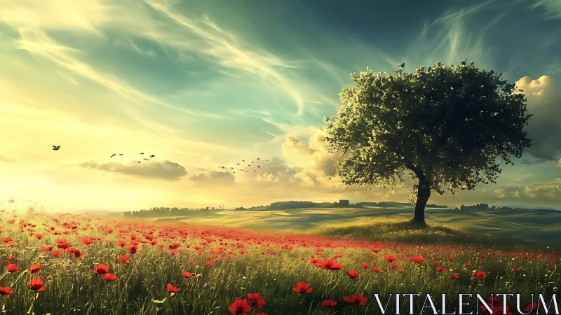 Solitary tree beside red poppy field under wide sky.