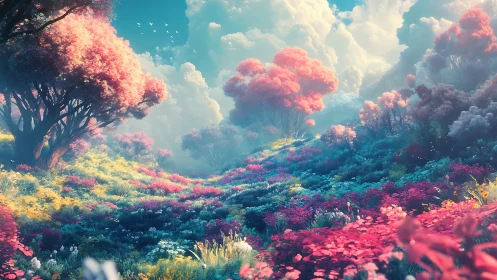 Chromatic meadowscape under volumetric clouds at dawn.
