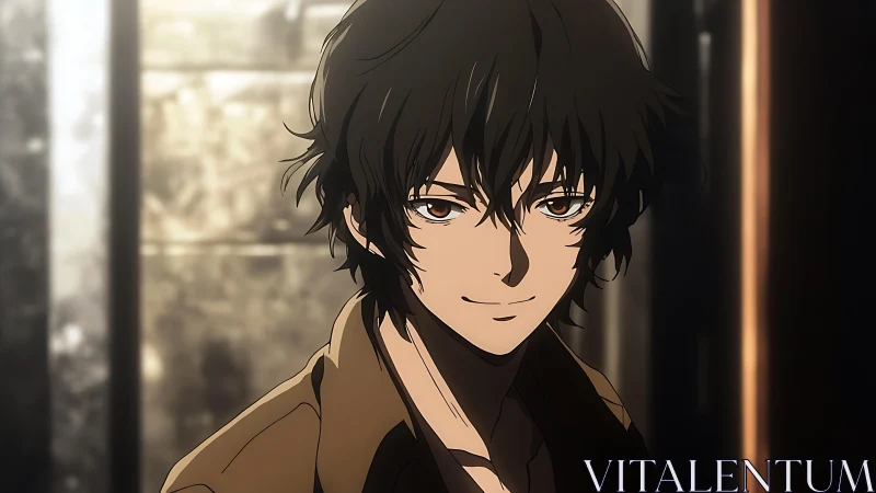 Analytical close-up of tousled-haired anime youth portrait.