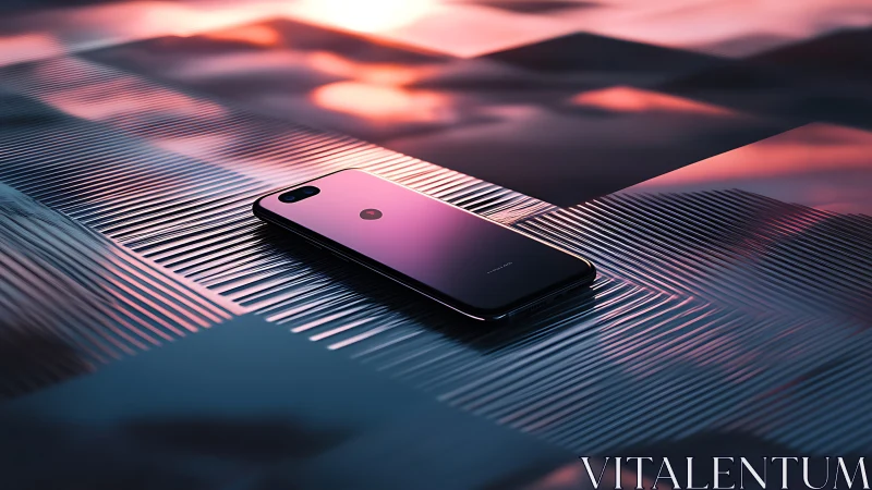 Smartphone lies on reflective ribbed surface under neon light