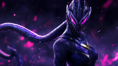 Armored humanoid reptilian figure stands amid purple particles