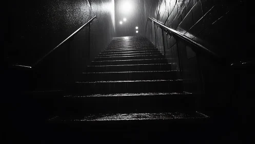 Rain-soaked stairwell ascends toward overexposed street lighting